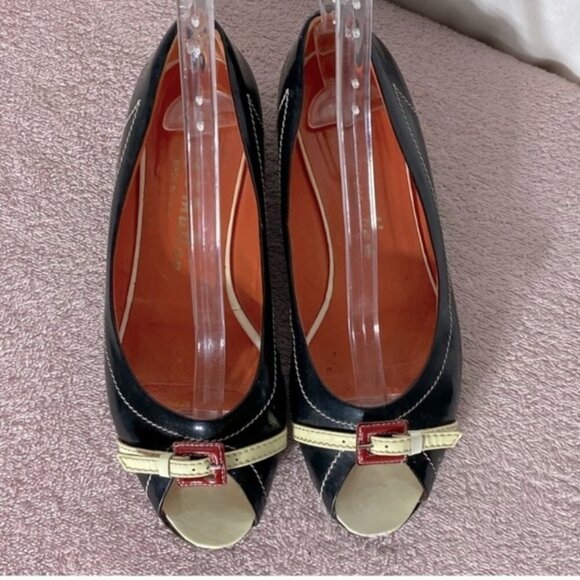 Hettye Mueller Vintage Black Patent Leather Peep Toe Flats With Buckle 36.5 - Picture 16 of 16